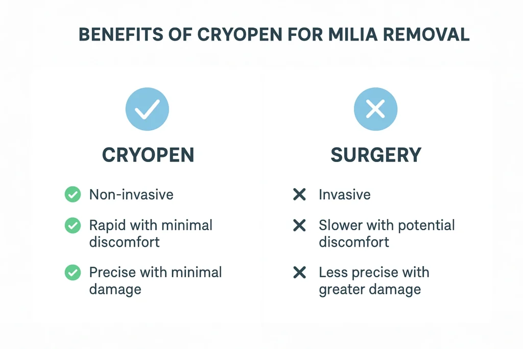Benefits of cryopen for milia removal Chelmsford compared to surgical treatments.