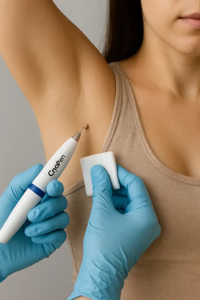 woman having cryopen to remove underarm skin tags Chelmsford