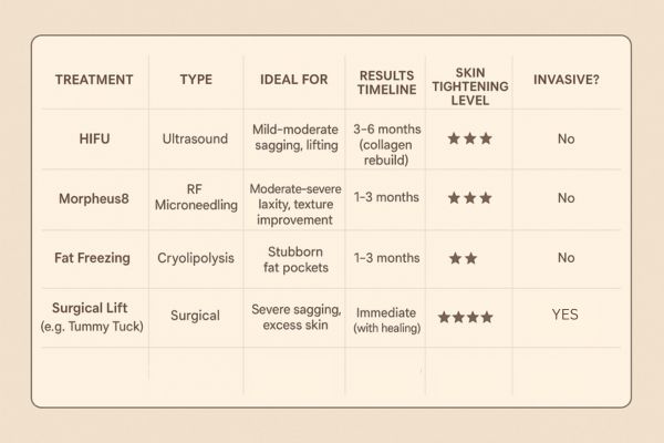 Table showing the comparisons of Skin tightening Chelmsford treatment options.